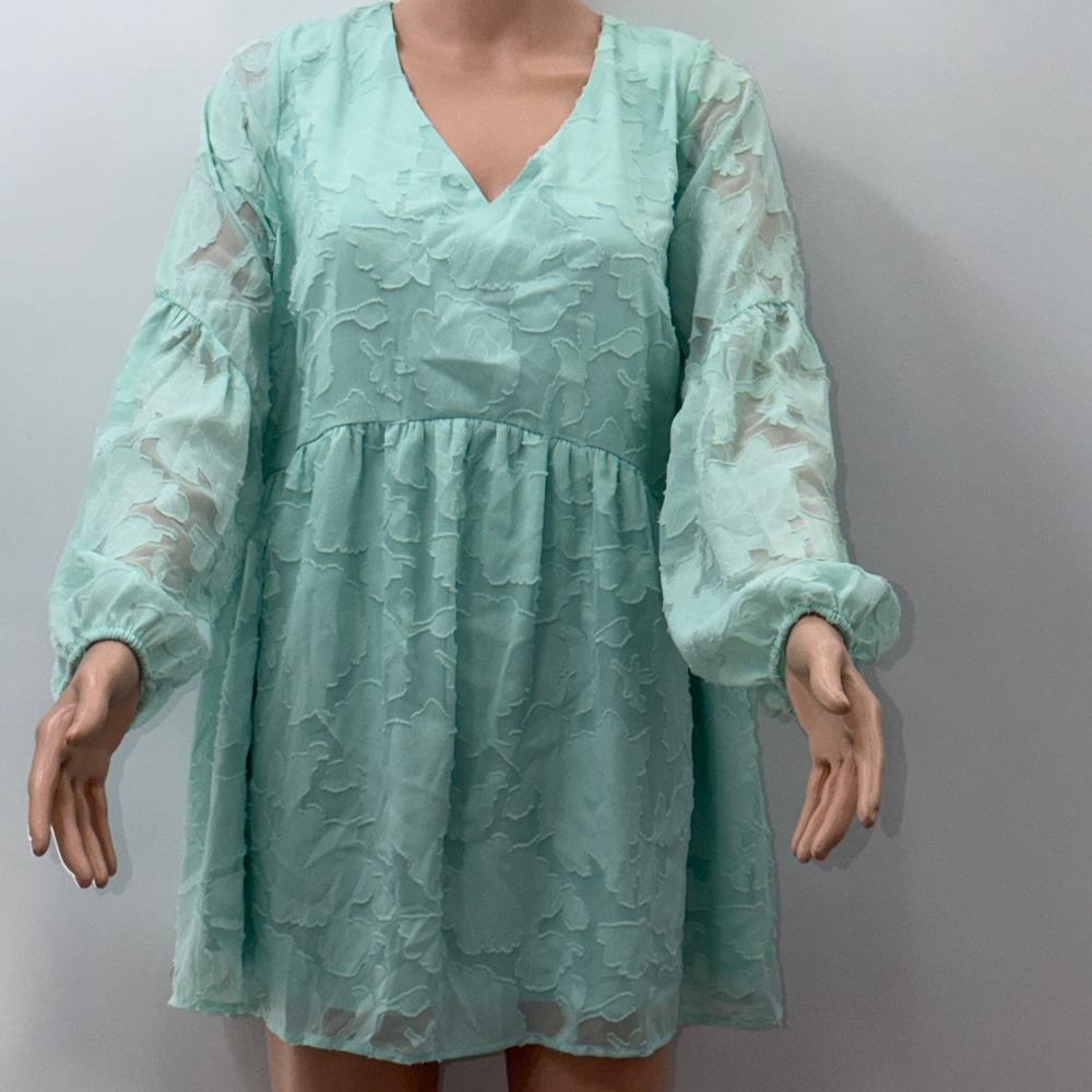 Lane Bryant 14/16 Mint Green Floral Textured Babydoll Dress Cottagecore Romantic